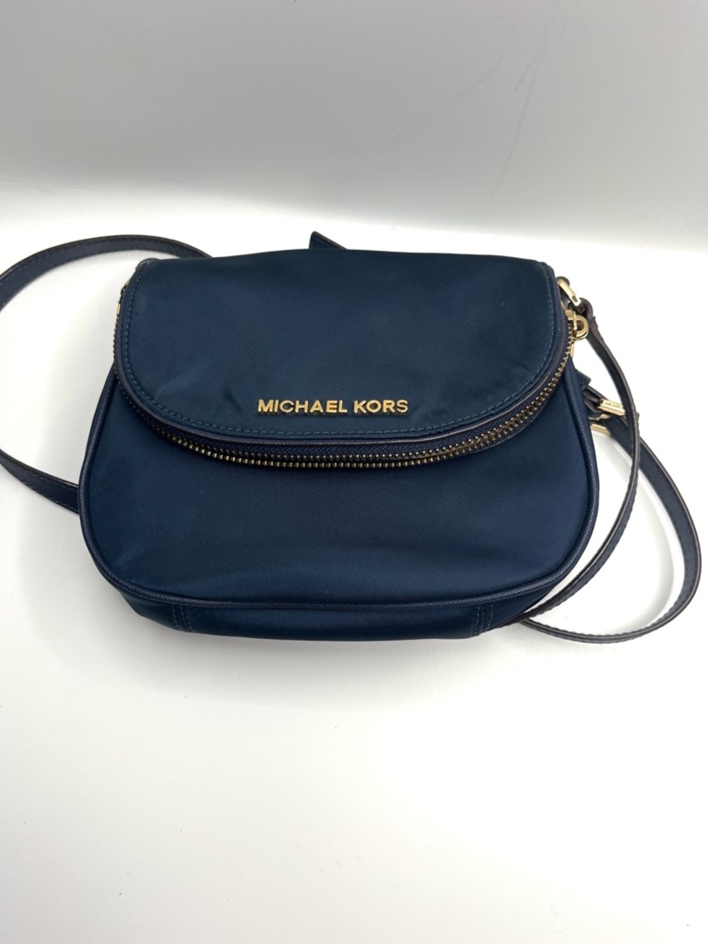 NWOT Michael Kors Bedford Nylon Navy Crossbody Saddle Bag with Gold-tone Logo